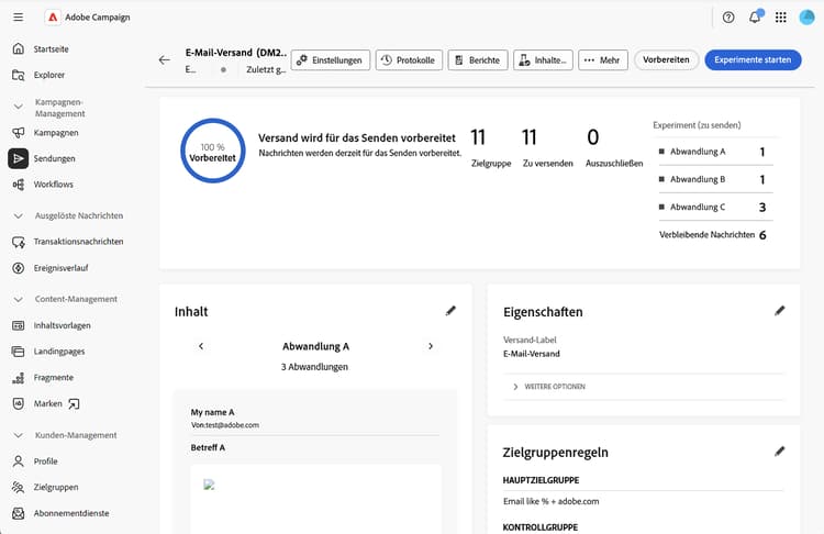 Screenshot der Schaltfläche „Experimente starten“