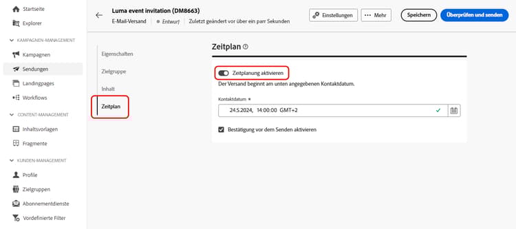 Aktivieren der Zeitplanung und Festlegen von Datum und Uhrzeit