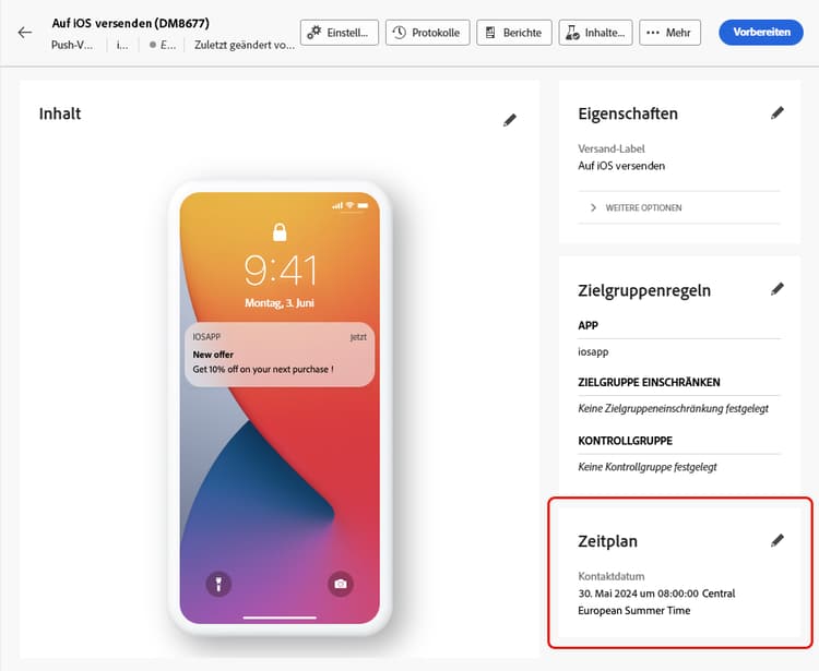Überprüfen des Zeitplans für Push-Benachrichtigungen