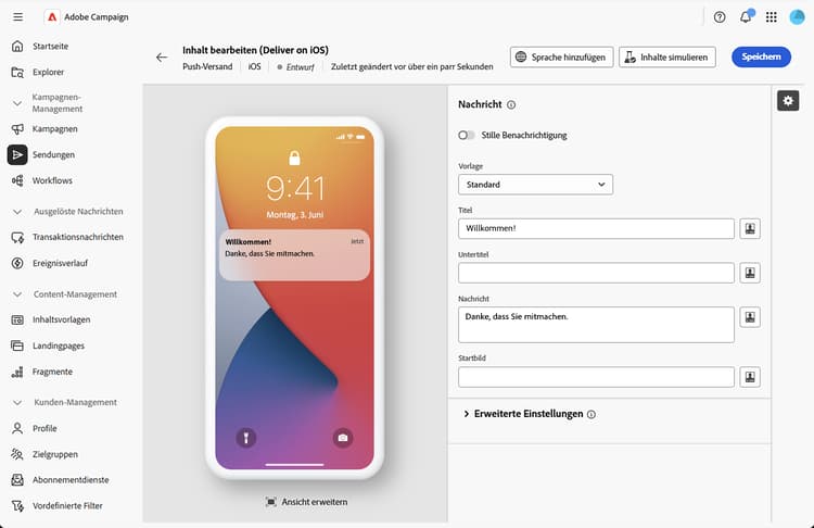 Screenshot der Schaltfläche „Sprache hinzufügen“ im Inhalts-Editor für Push-Benachrichtigungen