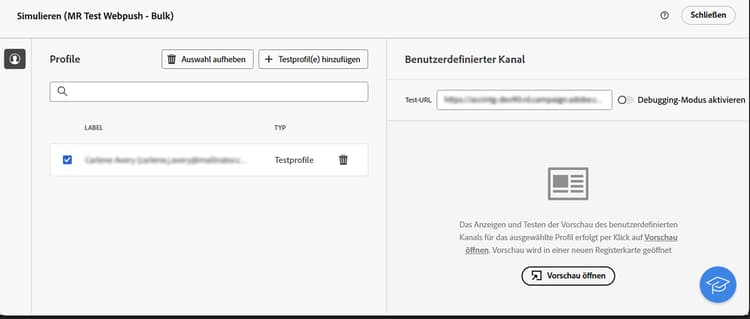 Screenshot mit der Option „Inhalte simulieren“ auf der Seite für den Versandinhalt für API