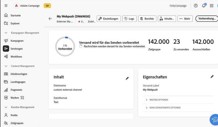 Screenshot mit der Option „Vorbereiten“ und dem Menü „Logs“