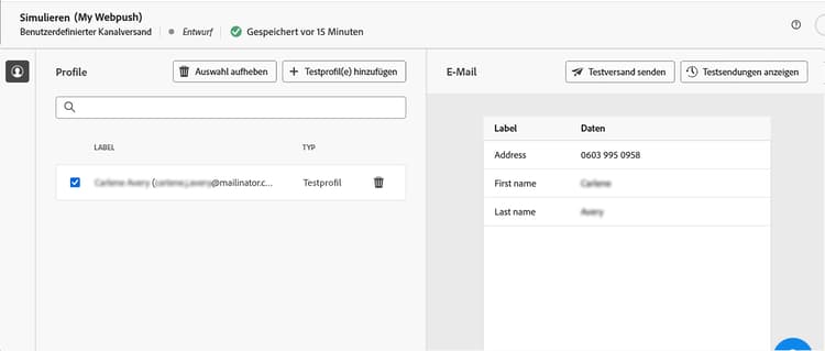 Screenshot mit der Option „Inhalte simulieren“ auf der Seite für den Versandinhalt