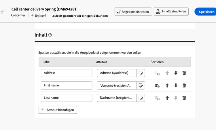 Screenshot mit den Konfigurationsoptionen für Attribute für die Extraktionsdatei