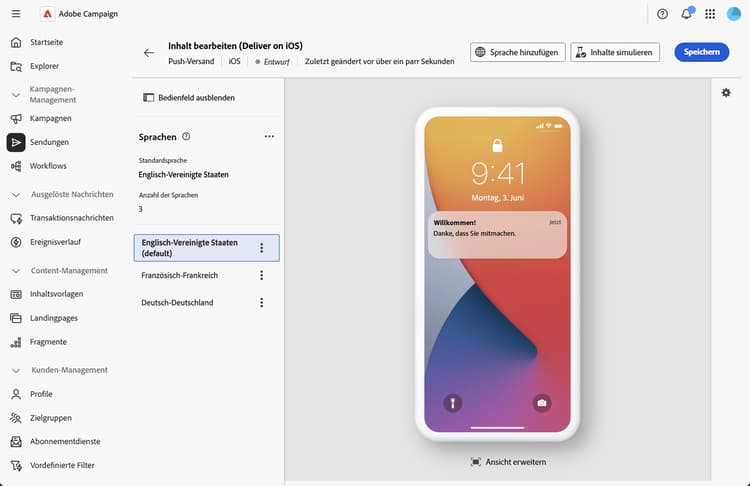 Screenshot der Vorschau importierter mehrsprachiger Inhaltsvarianten
