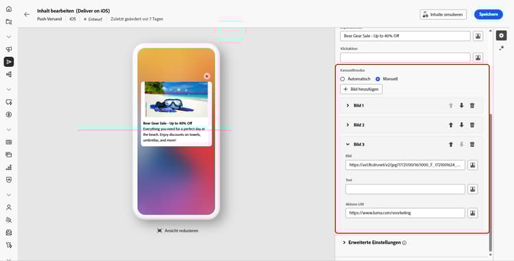 Bildschirm zum Hinzufügen von Karussellbildern