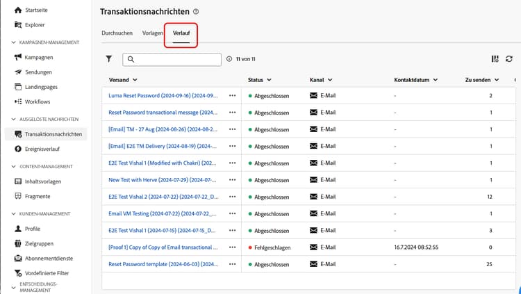 Screenshot der Registerkarte „Verlauf“ mit einer Liste der ausgeführten Transaktionsnachrichten