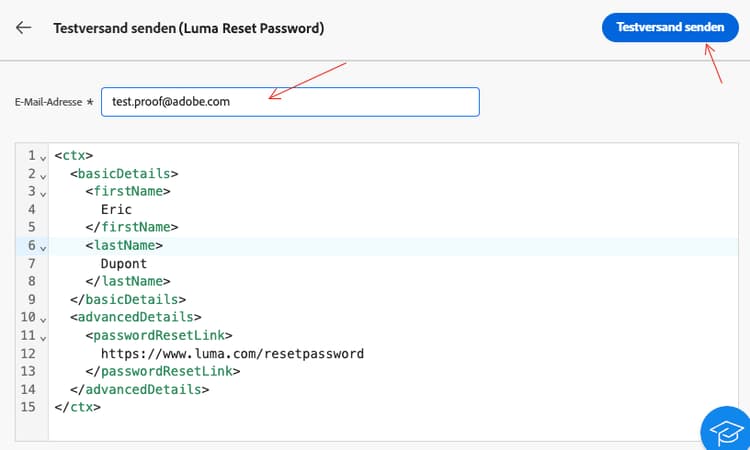 Screenshot mit der Funktion „Testversand senden“ und dem Bestätigungsprozess