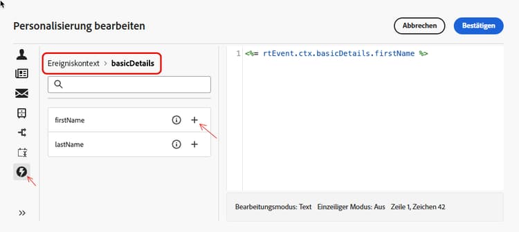 Screenshot zum Hinzufügen des Vornamens zur Personalisierung