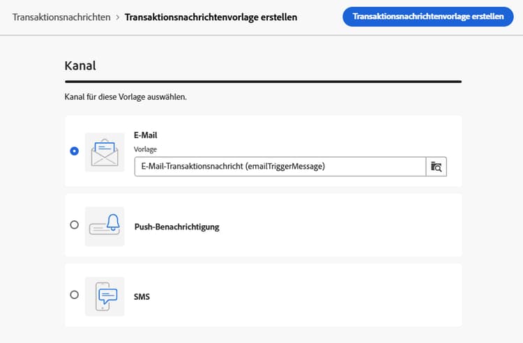 Screenshot zur Kanalauswahl für Transaktionsnachrichtenvorlagen