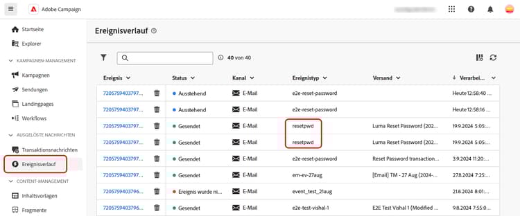 Screenshot mit dem Abschnitt „Ereignisverlauf“ und den Namen des Ereignistyps