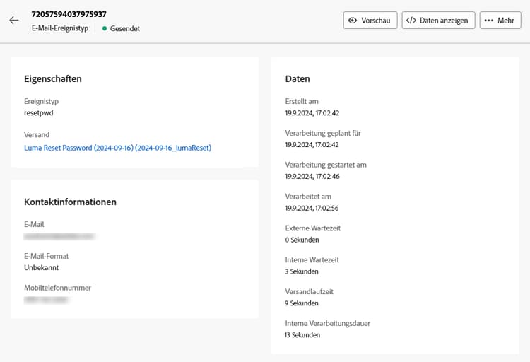 Screenshot mit detaillierten Ereignisinformationen, einschließlich der Optionen „Vorschau“ und „Daten anzeigen“