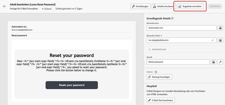 Screenshot zur Einrichtung von Angeboten in Transaktionsnachrichten