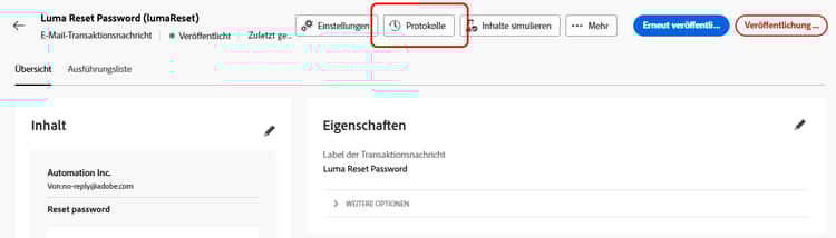 Screenshot mit der Schaltfläche „Logs“ in der Benutzeroberfläche für Transaktionsnachrichten