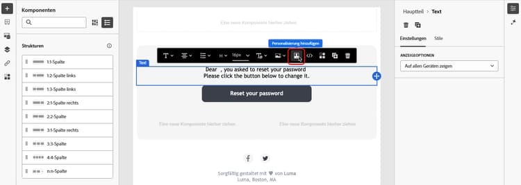 Screenshot mit dem Personalisierungssymbol im Inhaltseditor