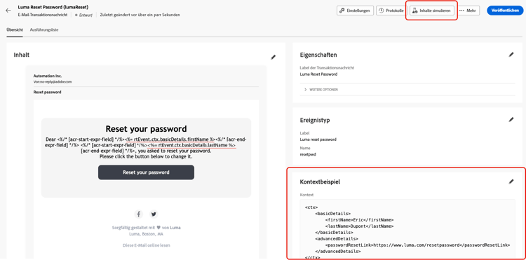 Screenshot mit der Überprüfung der Personalisierungspfade im Nachrichteninhalt