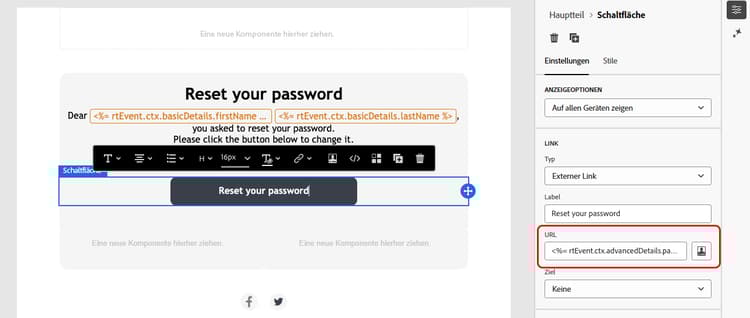 Screenshot zur Personalisierung der Schaltfläche „Passwort zurücksetzen“