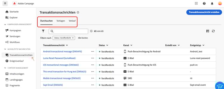 Benutzeroberfläche für Transaktionsnachrichten mit ausgelösten Nachrichten und deren Status
