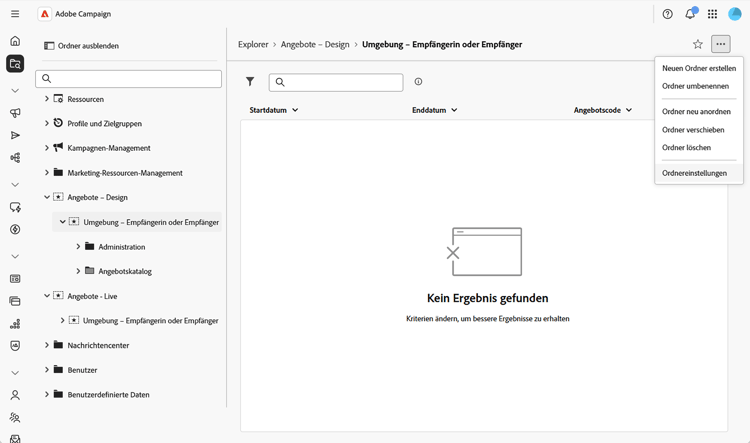 Screenshot der Option „Ordnereinstellungen“ einer Umgebung