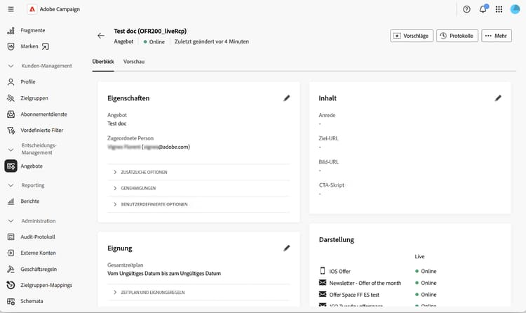 Screenshot des Dashboards „Angebot“.