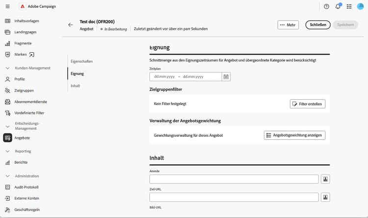 Screenshot des Bildschirms mit den Angebotseinstellungen.