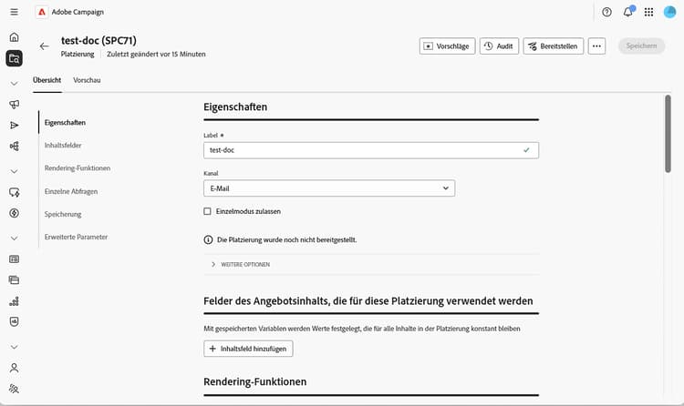 Screenshot des Platzierungsbildschirms.