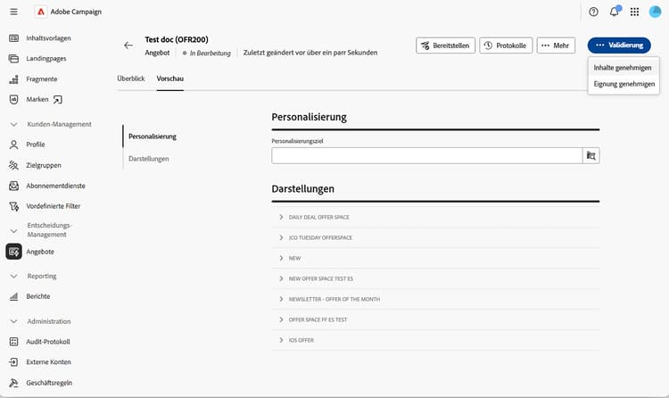 Screenshot der Angebotsvalidierung.