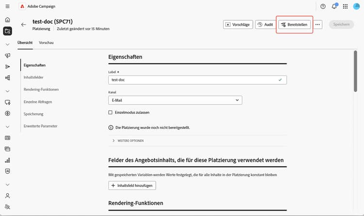 Screenshot der Bereitstellung des Angebots.