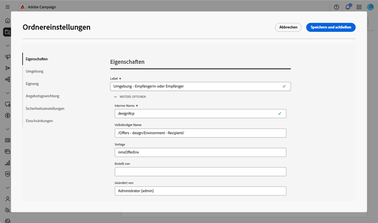 Screenshot der Einstellungen der Eigenschaften einer Umgebung