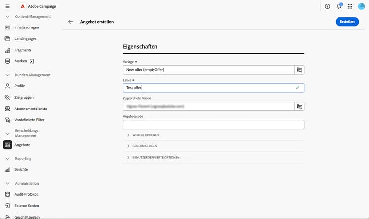 Screenshot, der die Angebotserstellung zeigt.