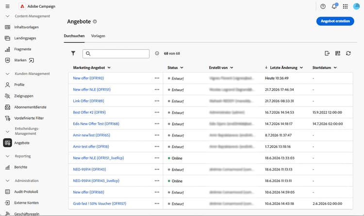 Screenshot des Angebotskatalogs.