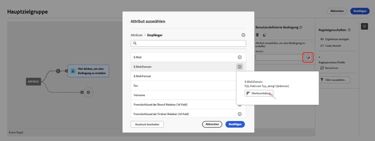 Beschreibung: Zugreifen auf die Option „Werteverteilung“ in einer Abfrage
