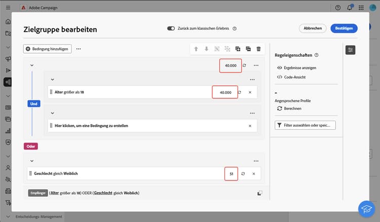 Population und Ergebnisanzeige