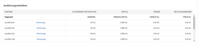 Screenshot der Tabelle „Ausführungsstatistiken“, die den Erfolg des Versands zeigt