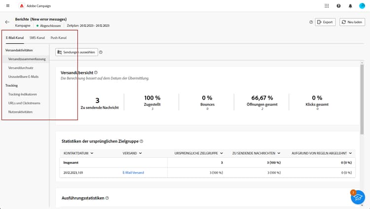Screenshot mit dem linken Menü mit Berichtsoptionen und Registerkarten für Kanaldaten