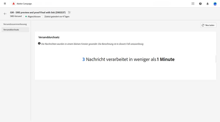 Beschreibung: Das Bild zeigt den Bericht „Versanddurchsatz“ mit Metriken wie der Anzahl der pro Stunde innerhalb eines bestimmten Zeitraums gesendeten Nachrichten.