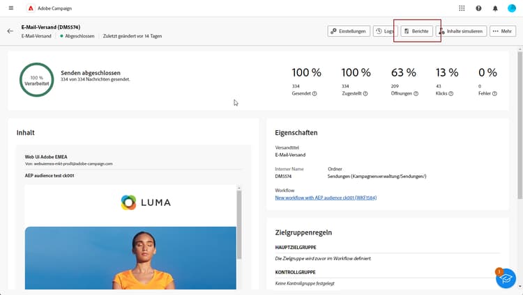 Versand-Dashboard mit der Option „Berichte“