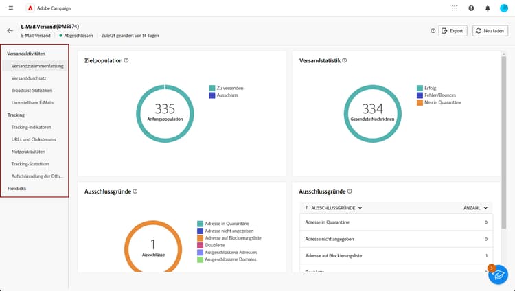 Menü „Berichtsauswahl“ im linken Panel