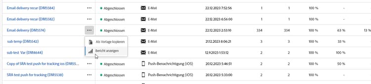 Versandliste mit hervorgehobener Schaltfläche „Mehr Aktionen“
