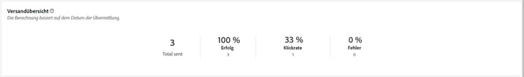 Beschreibung: Das Bild zeigt den Bericht „Versandübersicht“ mit KPIs wie Erfolgs- und Fehlerraten sowie Besucherinteraktion.