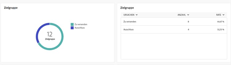Screenshot des Berichts „Zielgruppe“ mit Daten zu Empfängerinnen und Empfängern und Ausschlüssen für SMS-Sendungen