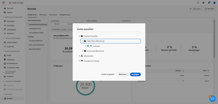 Screenshot mit dem Feld „Ordner auswählen“ für die Auswahl von Sendungen oder Kampagnen