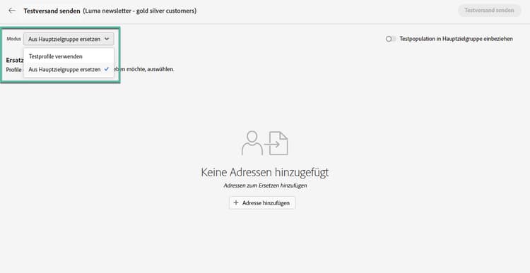 Screenshot mit Auswahl des Versandmodus für den Testversand