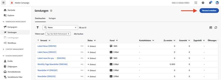 Screenshot mit der Schaltfläche „Versand erstellen“ im Menü „Sendungen“