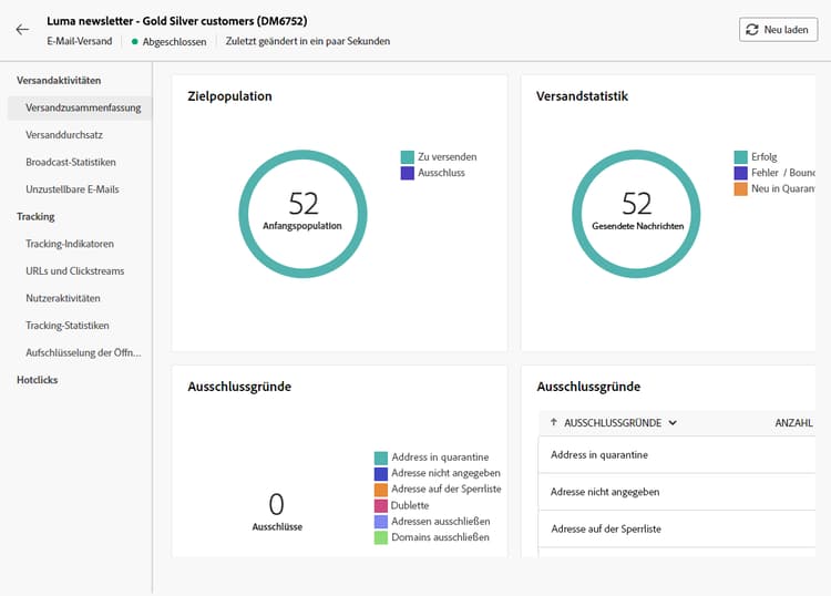 Screenshot mit der Schaltfläche „Reporting“