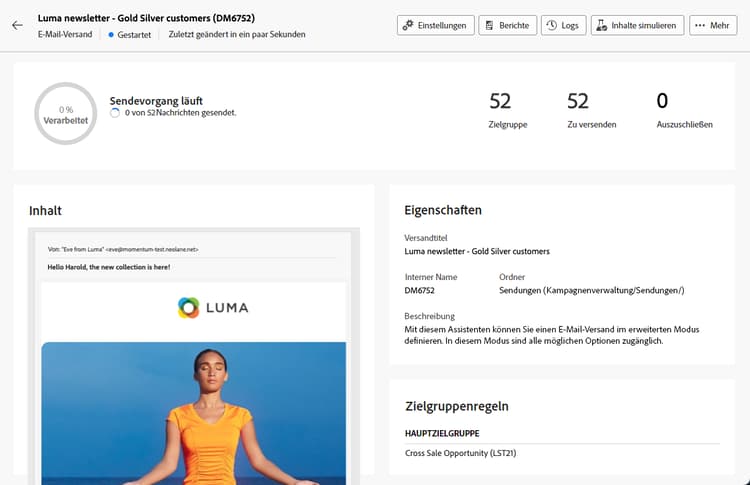 Screenshot mit dem Prozess des E-Mail-Versands