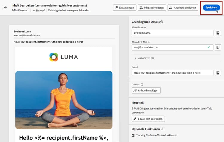 Screenshot mit der Schaltfläche „Speichern“