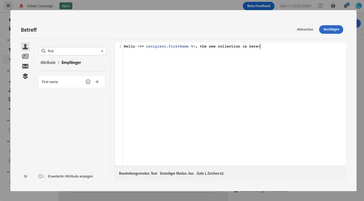 Screenshot mit der Konfiguration der Betreffzeile
