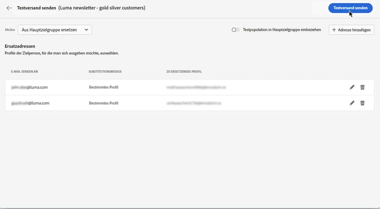 Screenshot mit dem Hinzufügen von E-Mail-Adressen zu Testsendungen