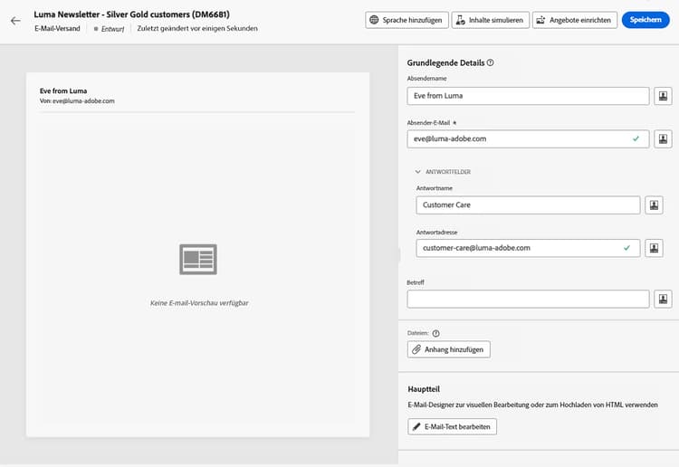 Screenshot mit der Benutzeroberfläche des E-Mail-Designers